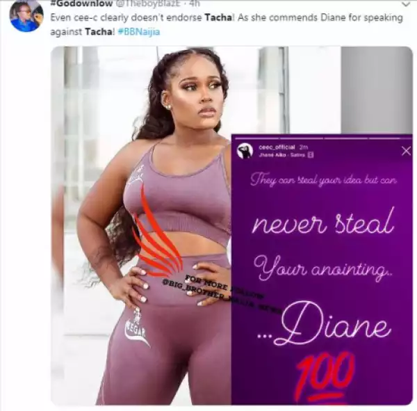 BBNaija: Cee-C Commends Diane For Speaking Against Tacha